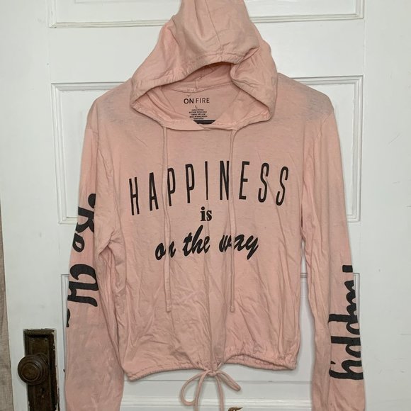 Happiness is On the Way Be Happy Hooded Light Pink Crop Top Size L - Picture 1 of 6